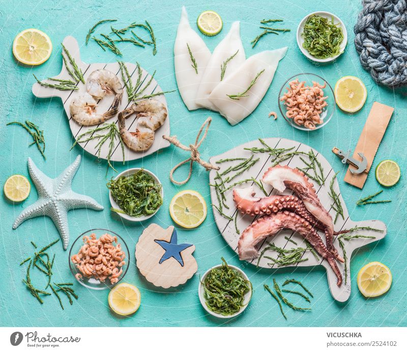 Verschiedene Meeresfrüchte und Algen Lebensmittel Ernährung Diät kaufen Design Gesunde Ernährung Restaurant Stil Garnelen Octopus Hintergrundbild Feinschmecker