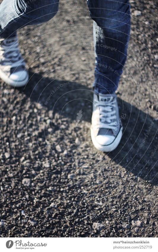 Spaziergang im Herbst Mensch Beine 1 Erde Jeanshose Schuhe Chucks Bewegung drehen blau braun weiß rennen laufen verdreht Hosenbeine Eile Mode Schrittfolge