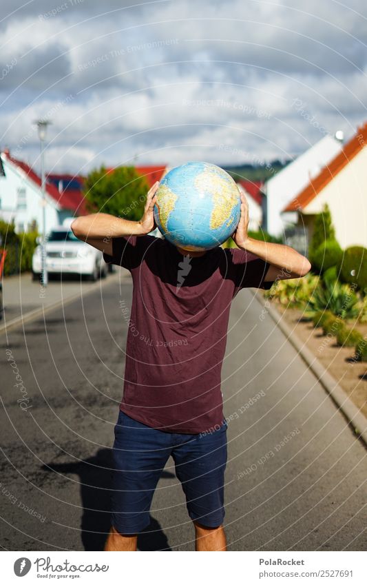 #S# Weltmann maskulin Freude Glück Junger Mann Kreativität Globus Kopf lustig Kugel rund Straße Wohnsiedlung ästhetisch Kopfschmerzen Klimawandel Klimaschutz