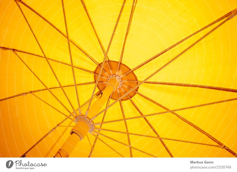 Sonnenschirm gelb von unten Design Ferien & Urlaub & Reisen Sommer Strand Natur Wärme gold orange Mechanik Innenaufnahme Verstrebung Strebe Mitte sonnengelb
