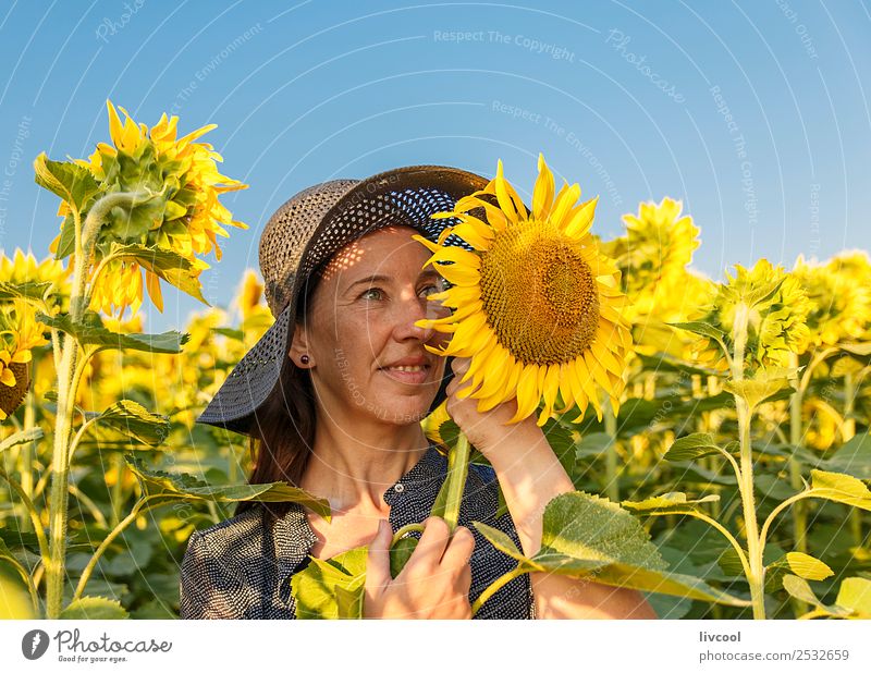 Frau und Sonnenblumen Lifestyle Glück Tourismus Abenteuer Mensch feminin Erwachsene Weiblicher Senior Kopf Gesicht 1 45-60 Jahre Landschaft Pflanze Wolken Blume
