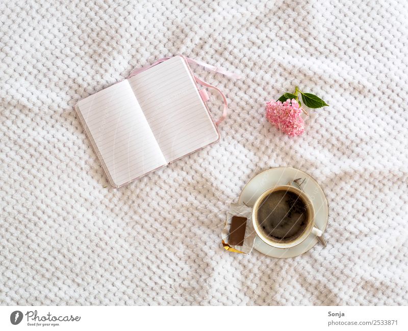 Kaffee, Tasse, Notizbuch, Blume Frühstück Kaffeetrinken Getränk Heißgetränk Geschirr Lifestyle Freizeit & Hobby Häusliches Leben Schreibwaren genießen schreiben