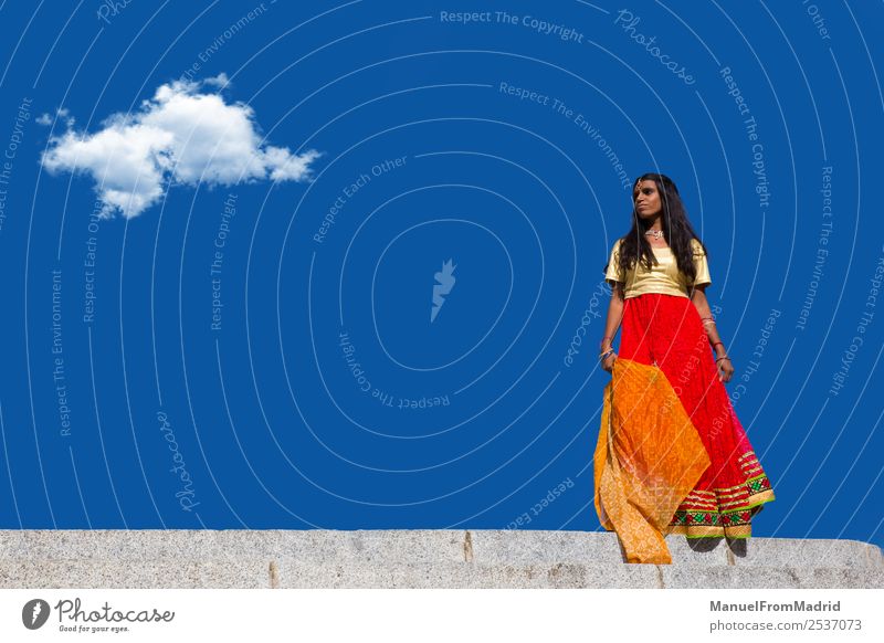 traditionelles indisches Frauenporträt schön Erwachsene Mode Bekleidung Kleid Schmuck gold rot Tradition Inder jung klassisch Sari Blauer Himmel Hinduismus