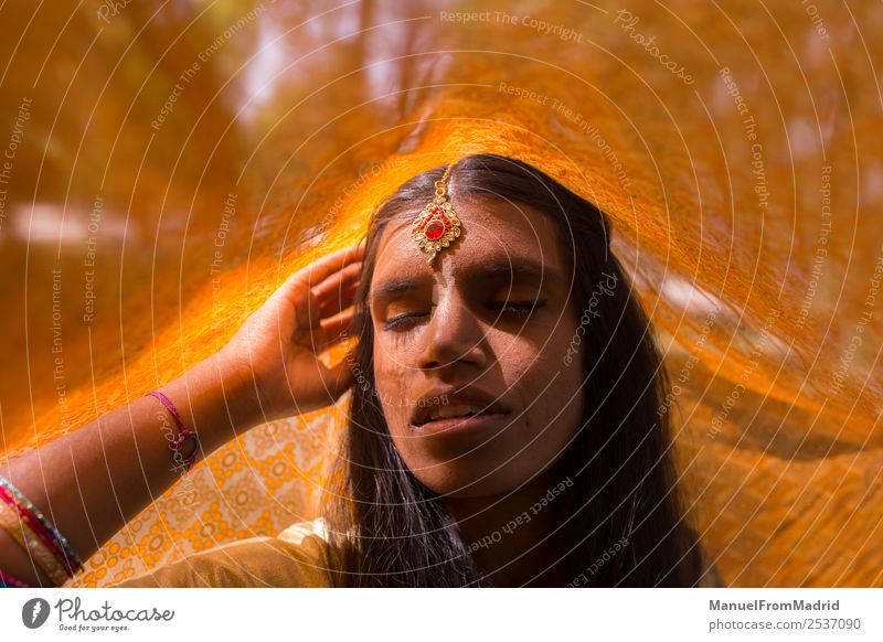 traditionelles indisches Frauenporträt schön Erholung ruhig Erwachsene Hand Natur Park Mode Bekleidung Kleid Schmuck gold Tradition Inder Imkerschleier darunter
