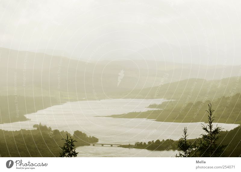 Weit Umwelt Natur Landschaft schlechtes Wetter Nebel Teich See Brücke frei grau grün Freiheit Horizont ruhig Ferne Schottland Binnensee Aussicht Baumkrone