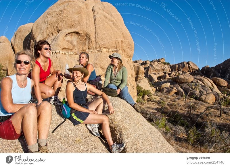 Gruppe von Frauen beim Wandern. Leben Abenteuer wandern Sport Klettern Bergsteigen feminin Erwachsene Freundschaft 5 Mensch 30-45 Jahre Gipfel sportlich