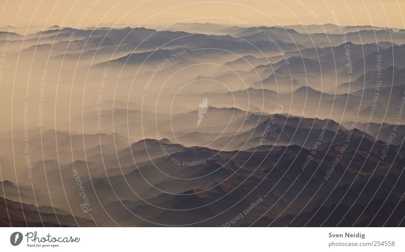 das Nebelmeer I Natur Erde Wolken Alpen Berge u. Gebirge Gipfel Unendlichkeit blau gelb erhaben Farbfoto Luftaufnahme Strukturen & Formen Menschenleer