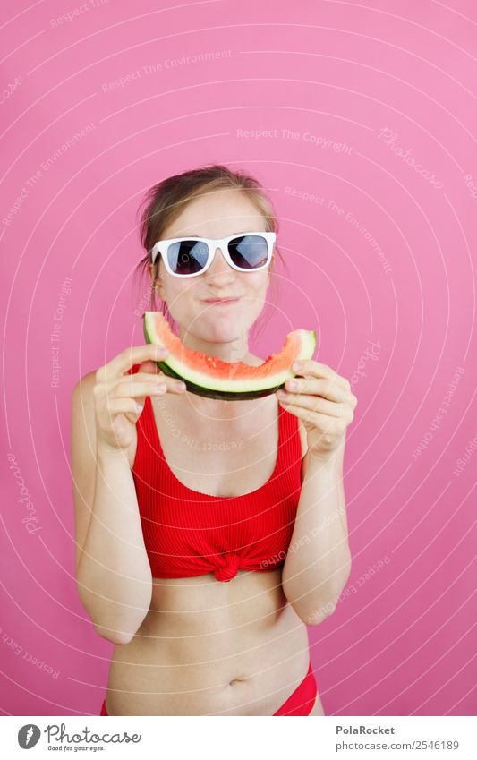 #A7# Mampf 1 Mensch Jugendkultur Kitsch Melone Melonen Frau Sommer sommerlich Freundlichkeit Junge Frau Schwimmen & Baden Sommerferien Farbfoto mehrfarbig