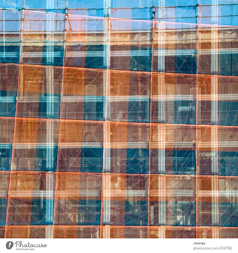 Gerüst Stil Bauwerk Baugerüst trendy einzigartig blau rot chaotisch Perspektive planen Surrealismus Raster kariert Hintergrundbild Doppelbelichtung Farbfoto