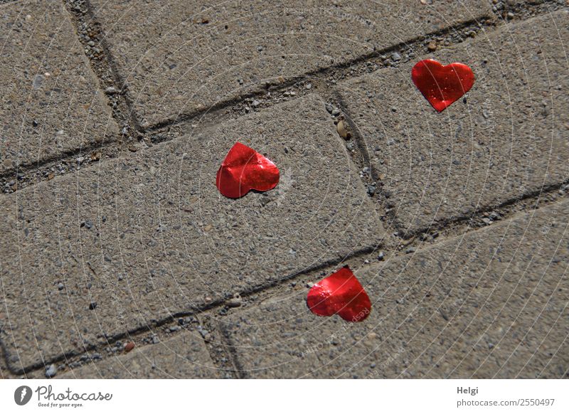 verlorene Herzen Feste & Feiern Hochzeit Fußweg Pflastersteine Kunststoff liegen außergewöhnlich Zusammensein Glück Kitsch klein grau rot Gefühle Liebe Romantik