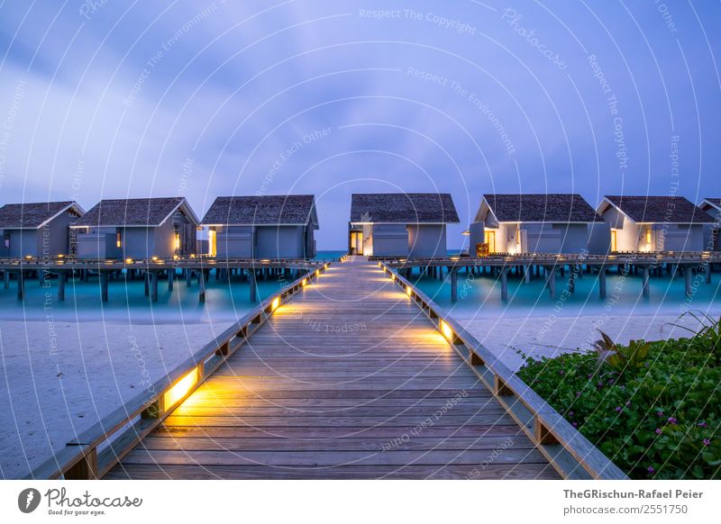Steg Natur blau gelb grün violett Malediven Paradies Haus Kuramathi Ferien & Urlaub & Reisen Strand Meer Stimmung Licht Langzeitbelichtung Farbfoto