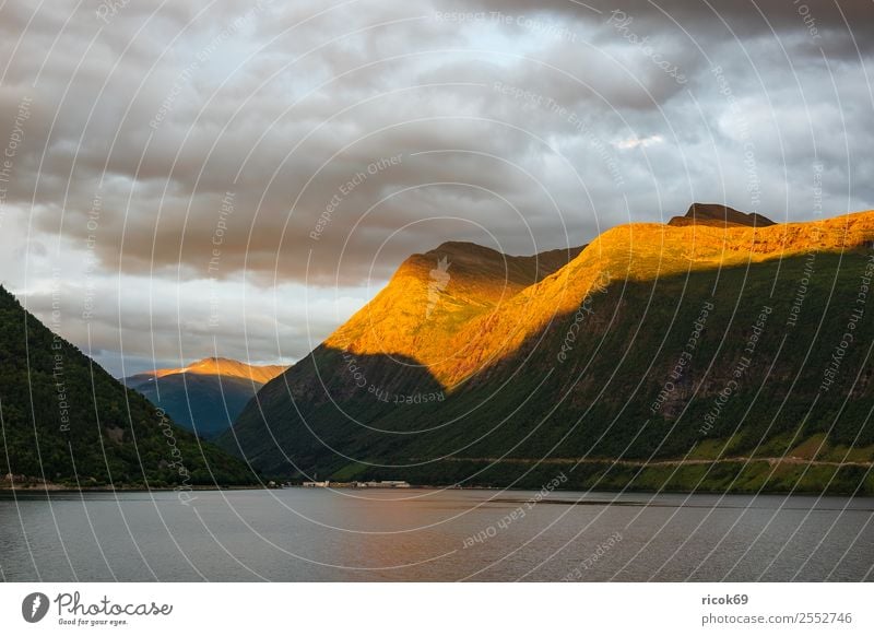 Blick auf den Storfjord in Norwegen am Abend Erholung Ferien & Urlaub & Reisen Tourismus Berge u. Gebirge Natur Landschaft Wasser Wolken Felsen Fjord