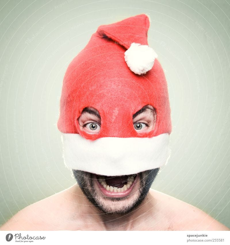 Merry Christmas! Mensch maskulin Mann Erwachsene Kopf 1 30-45 Jahre schreien gruselig verrückt rot weiß Überraschung Wut Freude Mütze skurril Bankräuber Auge