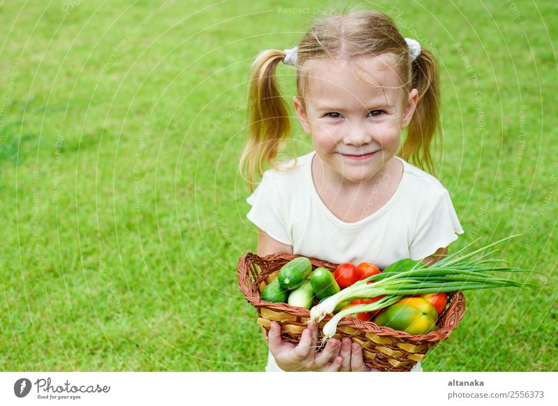 Mädchen mit einem Korb voller Gemüse Essen Lifestyle Glück Gesicht Sommer Garten Kind Gartenarbeit Mensch Frau Erwachsene Familie & Verwandtschaft Kindheit Hand