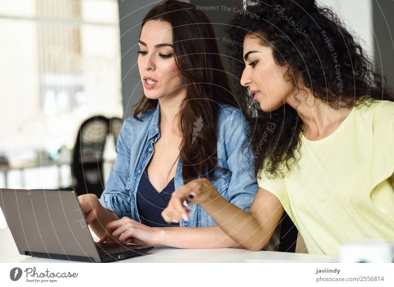Zwei junge Frauen, die mit einem Laptop lernen. Lifestyle Glück Haare & Frisuren Schreibtisch Tisch Schule Studium Arbeit & Erwerbstätigkeit Büro Notebook