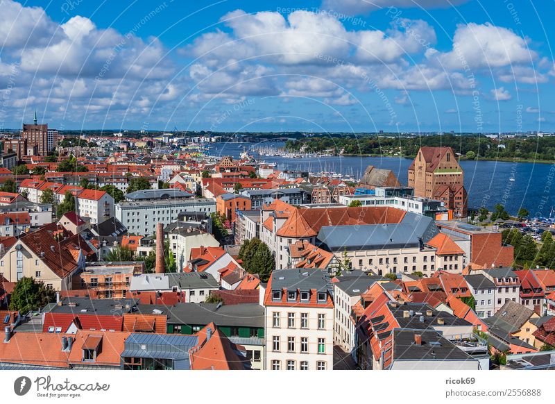 Blick auf die Hansestadt Rostock Erholung Ferien & Urlaub & Reisen Tourismus Haus Wolken Baum Fluss Stadt Gebäude Architektur Dach Wasserfahrzeug grün rot