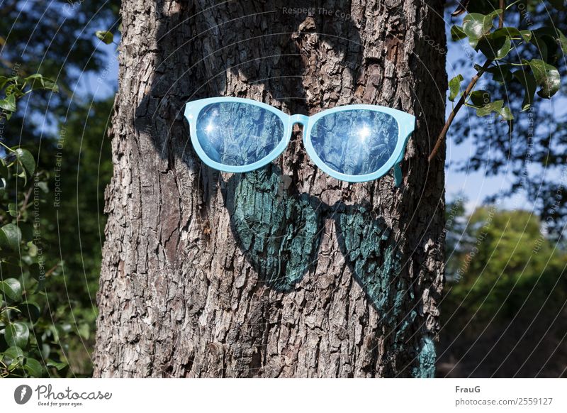 Emotion | so viel Sonne... Schönes Wetter Baum Brille Sonnenbrille Holz Kunststoff tragen außergewöhnlich hell trendy blau Coolness Freude Schatten Überraschung
