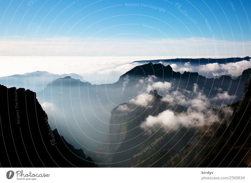 Übersicht Natur Landschaft Urelemente Himmel Wolken Felsen Berge u. Gebirge Gipfel Madeira authentisch hoch oben positiv blau grau schwarz weiß demütig