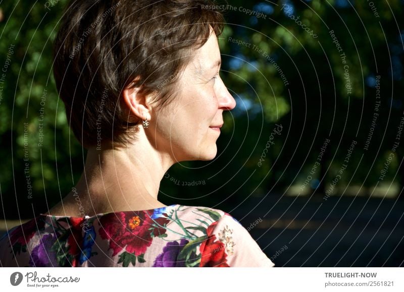 Sonnenbeschienener Frauenkopf im Profil vor Waldhintergrund Lifestyle Wellness Leben harmonisch Wohlgefühl Zufriedenheit Erholung ruhig Mensch Erwachsene Kopf