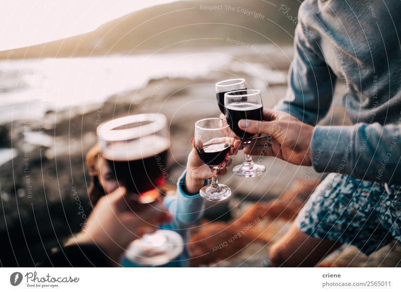 Gruppe von Freunden, die an der Küste Wein trinken. Freude Erholung Sommer Sonne Strand Frau Erwachsene Mann Freundschaft Paar Sand Lächeln Zusammensein rot
