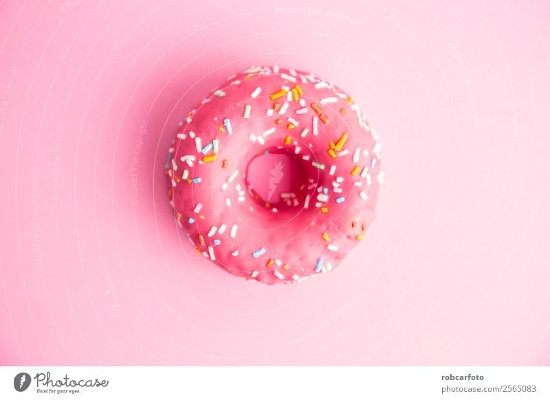 rosa Donut in farbigem Hintergrund Dessert Ernährung Frühstück Diät lecker gelb weiß Krapfen Top Streusel süß Lebensmittel Bäckerei Kalorien Isolation Zuckerguß