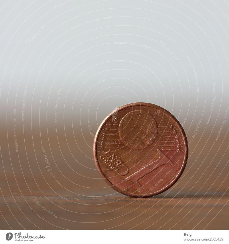 eine 1-Cent-Münze steht senkrecht auf dem Rand Geldmünzen Euro Metall Ziffern & Zahlen stehen Armut rund braun grau Appetit & Hunger Zukunftsangst Verzweiflung
