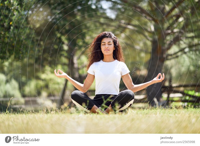 Junge Frau beim Yoga auf dem Rasen des Stadtparks. Lifestyle Glück Haare & Frisuren Erholung ruhig Meditation Sommer Sport Mensch feminin Jugendliche Erwachsene