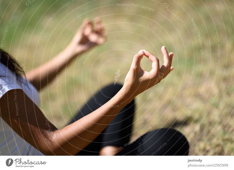 Junge Frau beim Yoga auf dem Rasen des Stadtparks. Lifestyle Erholung ruhig Meditation Sommer Sport Mensch feminin Jugendliche Erwachsene Hand 1 18-30 Jahre