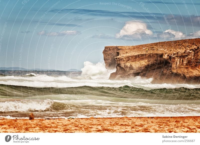 Atlantik Natur Landschaft Sand Wasser Himmel Wolken Sommer Schönes Wetter Wind Felsen Wellen Küste Strand Bucht Meer Portugal Europa Erholung