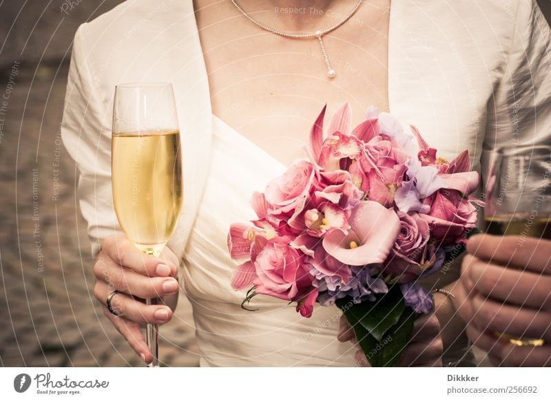 Hochzeit, Sekt und Blumen trinken Prosecco Champagner Glas Sektglas Lifestyle elegant Freude Feste & Feiern Mensch feminin Frau Erwachsene Paar Partner 1 Kleid