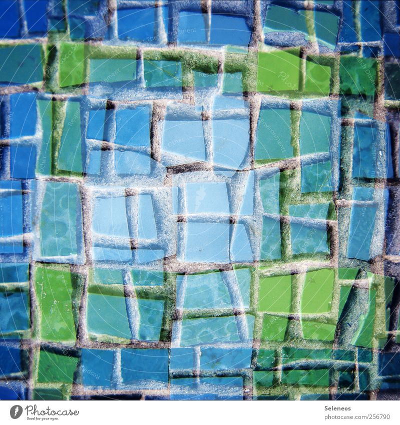 Ton Steine Scherben Mauer Wand Fassade Linie eckig klein blau grün Mosaik Fliesen u. Kacheln Doppelbelichtung Farbfoto Außenaufnahme Nahaufnahme Detailaufnahme