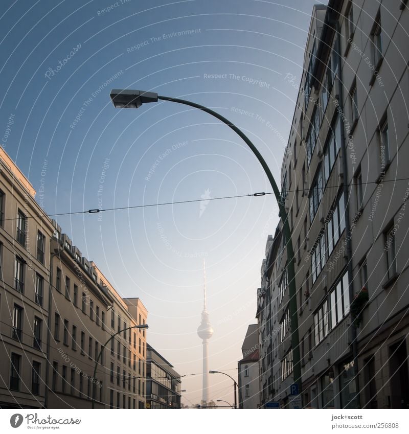 Zwischen den Fassaden ein direkter Blick auf den Berliner Fernsehturm Wolkenloser Himmel Berlin-Mitte Hauptstadt Stadtzentrum Turm Häuserzeile Wahrzeichen
