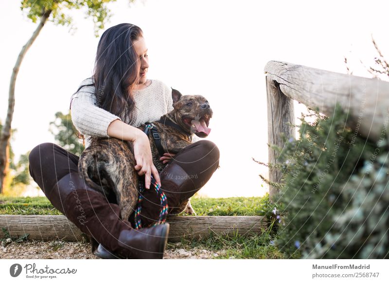 junge Frau mit ihrem Hund in einem Park Lifestyle Glück schön Erwachsene Freundschaft Natur Tier Gras Haustier Lächeln Freundlichkeit Zusammensein natürlich