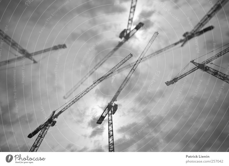 Giraffentanz Stadt Menschenleer Industrieanlage Kommunizieren komplex Kran Kraft Wolken Himmel grau bauen oben durcheinander chaotisch Schwarzweißfoto