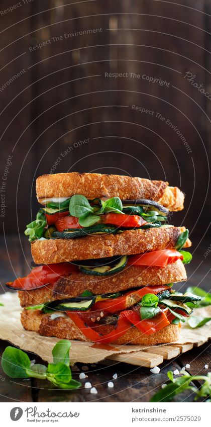 Vegetarisches Sandwich Gemüse Brot Mittagessen Diät Sommer Holz dunkel frisch braun grün Burger kochen & garen Aubergine Lebensmittel grillen Gesundheit