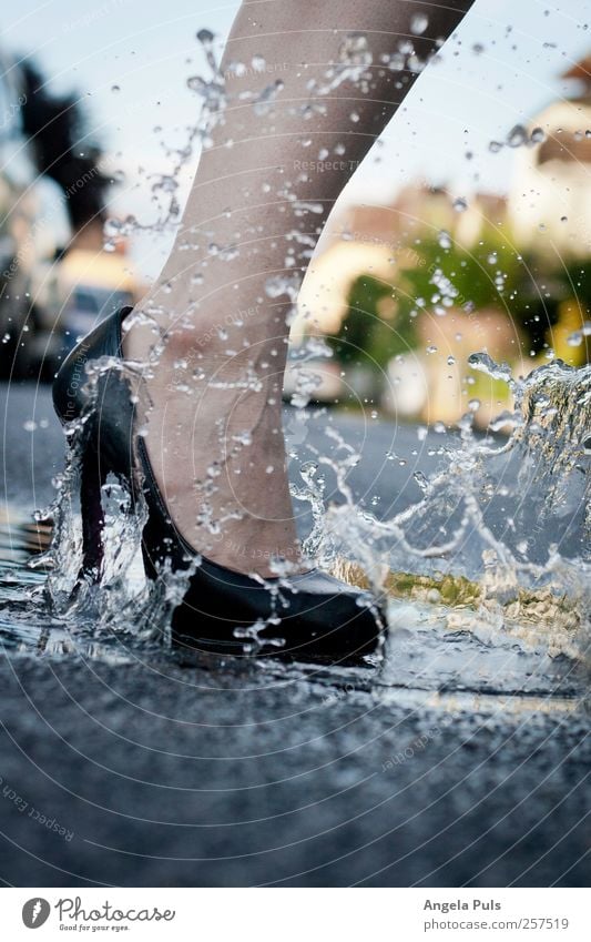 straight Mensch feminin Beine Fuß 1 Straße Mode Damenschuhe Pfütze Wasser laufen Farbfoto Außenaufnahme Tag Frauenbein Frauenfuß Wasserspritzer Wassertropfen