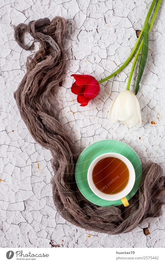 Tasse Tee mit floralem Hintergrund Getränk elegant Stil Valentinstag Natur Pflanze Blume Tulpe Blatt Blumenstrauß lecker natürlich oben grün Liebe Farbe Dekor