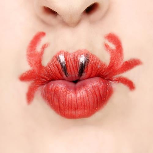 gefährliche Küsse Mensch feminin Frau Erwachsene Haut Gesicht Mund Lippen rot Kussmund angemalt Krebstier Schere Küssen Nase hellhäutig Symbole & Metaphern Idee