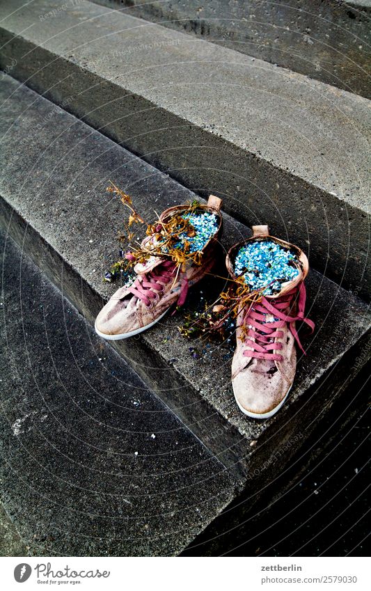 Schuhe, gefüllt mit... irgendwas Bekleidung Mode paarweise Treppe Niveau stehen warten Dekoration & Verzierung Kunst Straßenkunst Rätsel Blume Vase Blumenvase