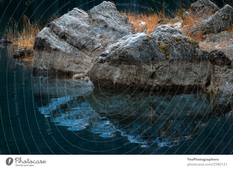 Felsen und getrocknetes Gras spiegeln sich im Wasser wider. harmonisch Natur Herbst Stein Bekanntheit dunkel Perspektive Symmetrie Bayern Eibsee See Deutschland