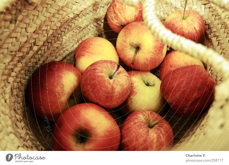 Äpfel Lebensmittel Frucht Apfel Korb netzartig Tasche einfach süß Wärme gelb gold rot rund frisch saftig Gesunde Ernährung geflochten Haufen viele Vitamin