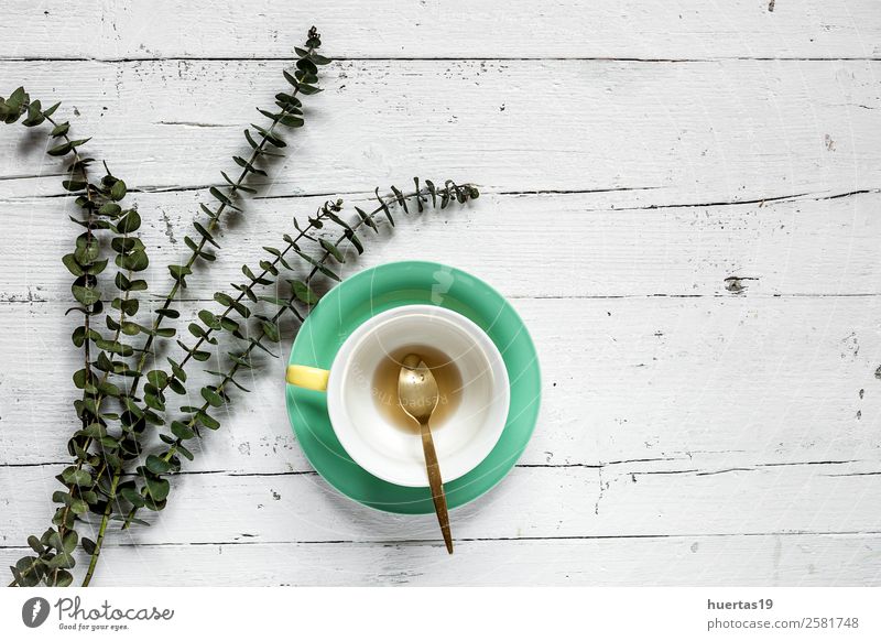 Tasse Tee mit floralem Hintergrund Getränk Heißgetränk Valentinstag Natur Pflanze Blume Blatt Blumenstrauß natürlich oben grün Farbe Dekor hübsch Postkarte
