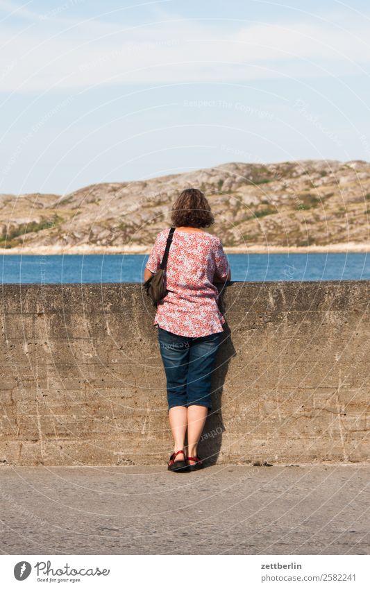 Hafen Bodø Frau Rücken Rückansicht Sehnsucht warten stehen Beton Betonmauer Mauer Polarmeer Europa Felsen Ferien & Urlaub & Reisen Fjord Himmel