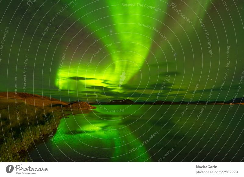 Nordlicht (Aurora Borealis) im See reflektiert, Island Ferien & Urlaub & Reisen Abenteuer Winter Natur Landschaft Wasser Himmel Nachthimmel Stern Europa träumen