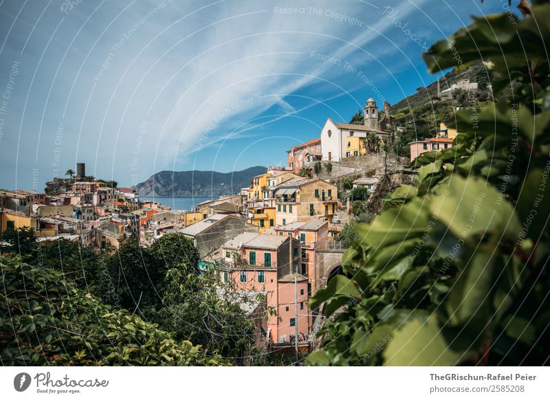 Vernazza (Cinque Terre) Dorf Fischerdorf blau mehrfarbig gelb grün Italien Tourismus Pflanze Haus Wolken Meer geschätzt Küste ästhetisch