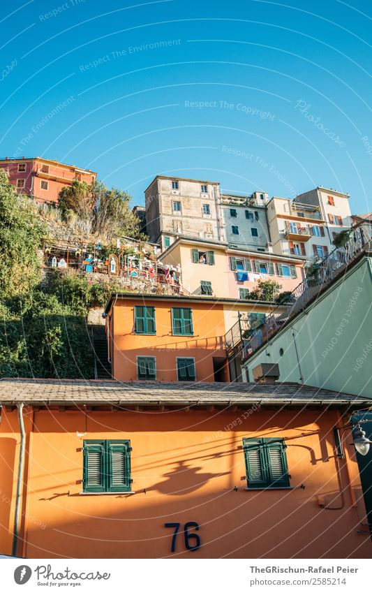 Manarola Fischerdorf blau mehrfarbig gelb Cinque Terre Italien Reisefotografie Tourismus Haus Ferien & Urlaub & Reisen Hügel steil Dorf geschätzt