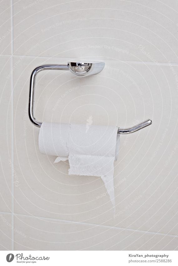 Nahaufnahme des fertigen Toilettentuchs im Bad. Gesäß Papier Metall Traurigkeit modern Sauberkeit weich weiß Ende rollen wc Toilettenpapier scheitern Versagen