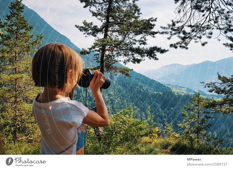 Blick ins Tal Freizeit & Hobby Mensch Kind Mädchen 1 3-8 Jahre Kindheit Umwelt Natur Landschaft Schönes Wetter Pflanze Baum Wald Alpen Berge u. Gebirge wandern