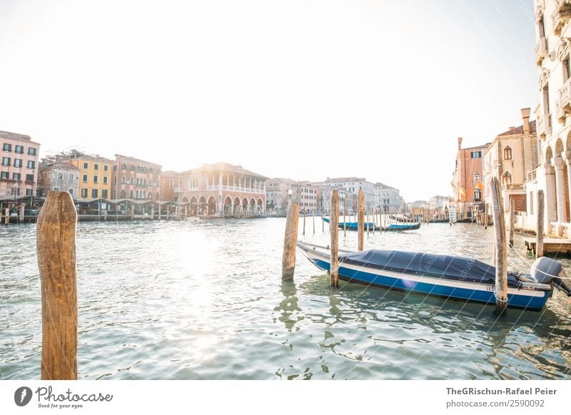 Venedig Kleinstadt Stadt Hafenstadt Sehenswürdigkeit Wahrzeichen blau braun gelb gold grau Canal Grande Italien Haus Gegenlicht Holzpfahl Wasser Sonnenlicht