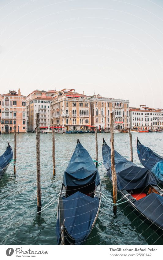 Gondola Kleinstadt Stadt Hafenstadt blau braun rot Venedig Italien Gondel (Boot) Haus Holzpfahl Steg Außenaufnahme Menschenleer Textfreiraum oben Weitwinkel